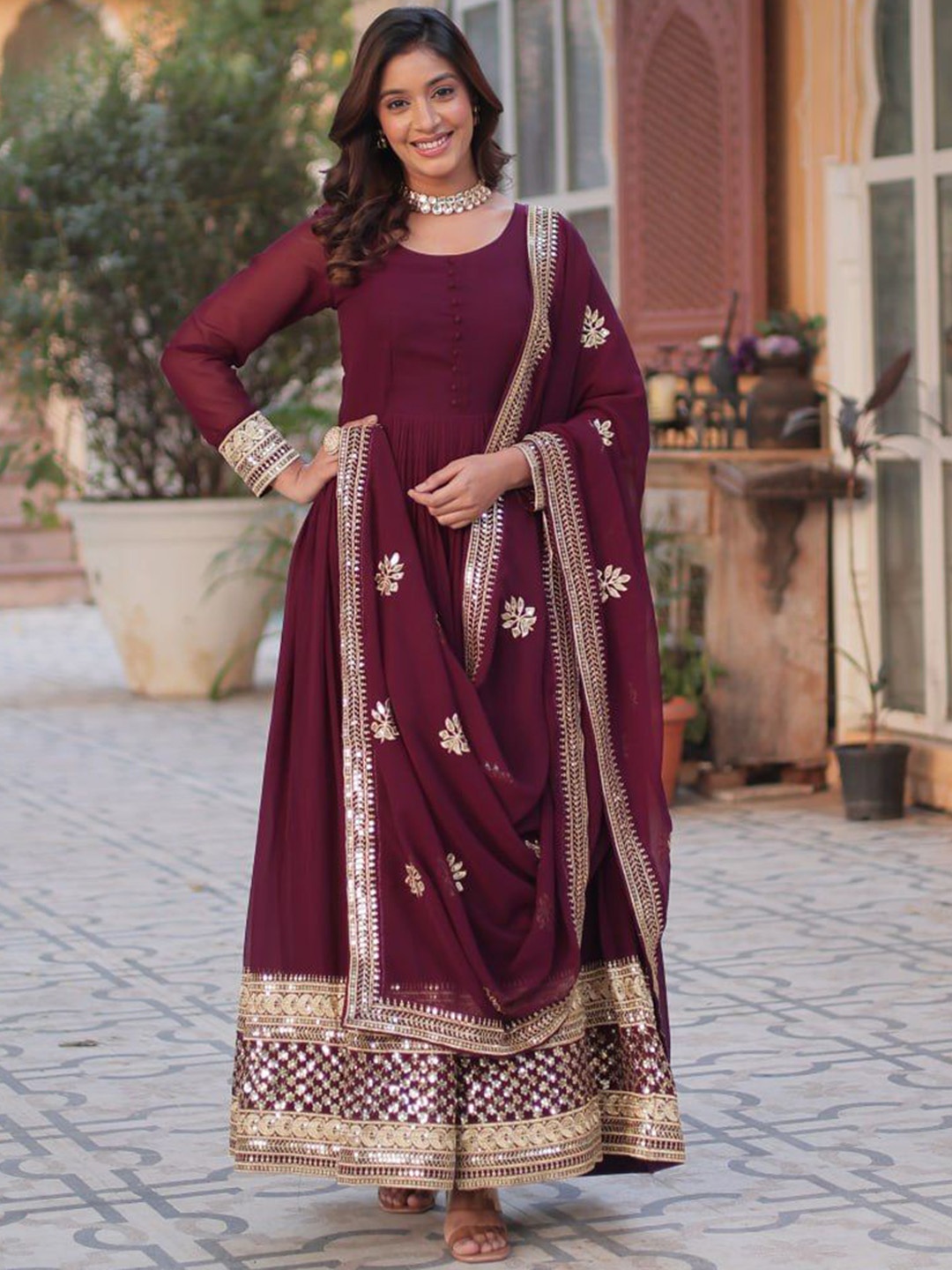 

JATRIQQ Women Embroidered Zari Sequins Gown With Dupatta, Maroon