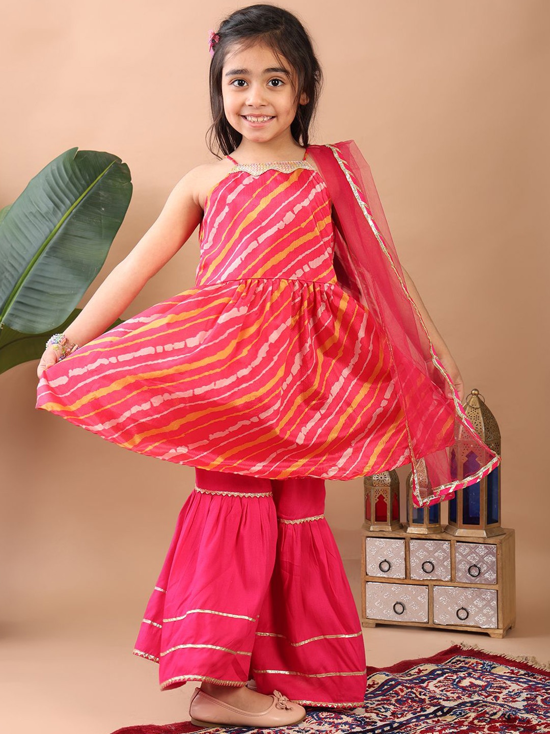 

Here&Now X Kinder Kids Girls Leheriya Printed Anarkali Kurta With Sharara & Dupatta, Pink