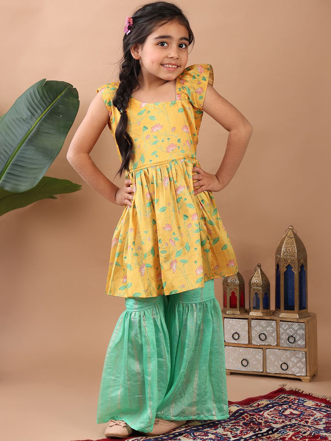 

Here&Now X Kinder Kids Girls Girls Floral Printed A-Line Kurta with Sharara, Yellow