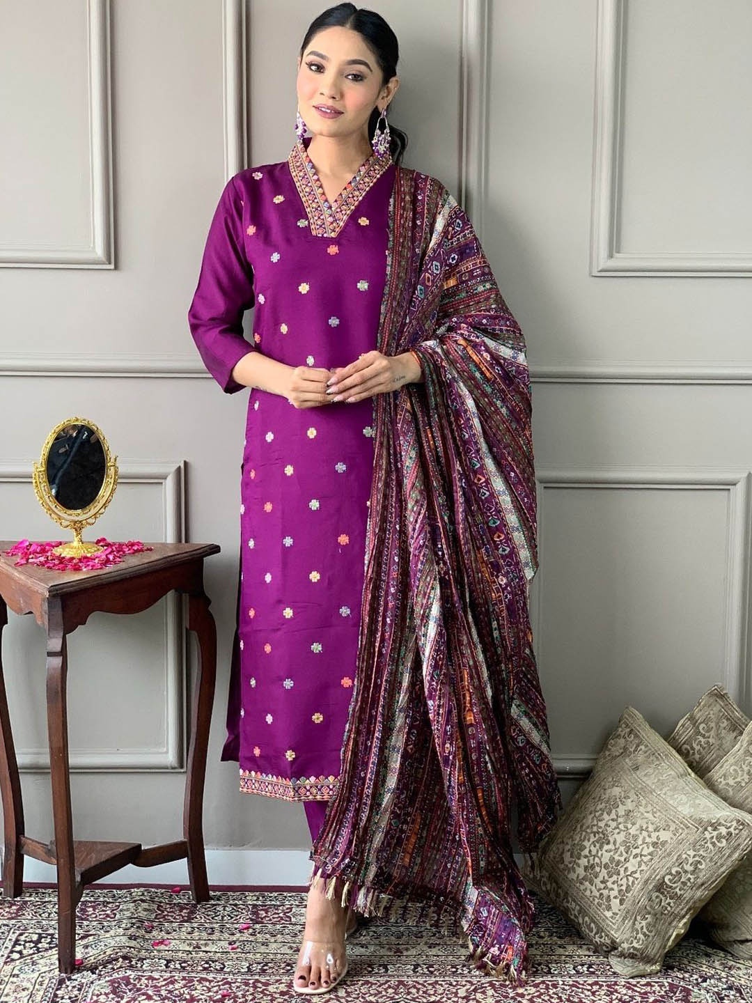 

KALINI Floral Embroidered V-Neck Chanderi Kurta With Trouser & Dupatta, Purple