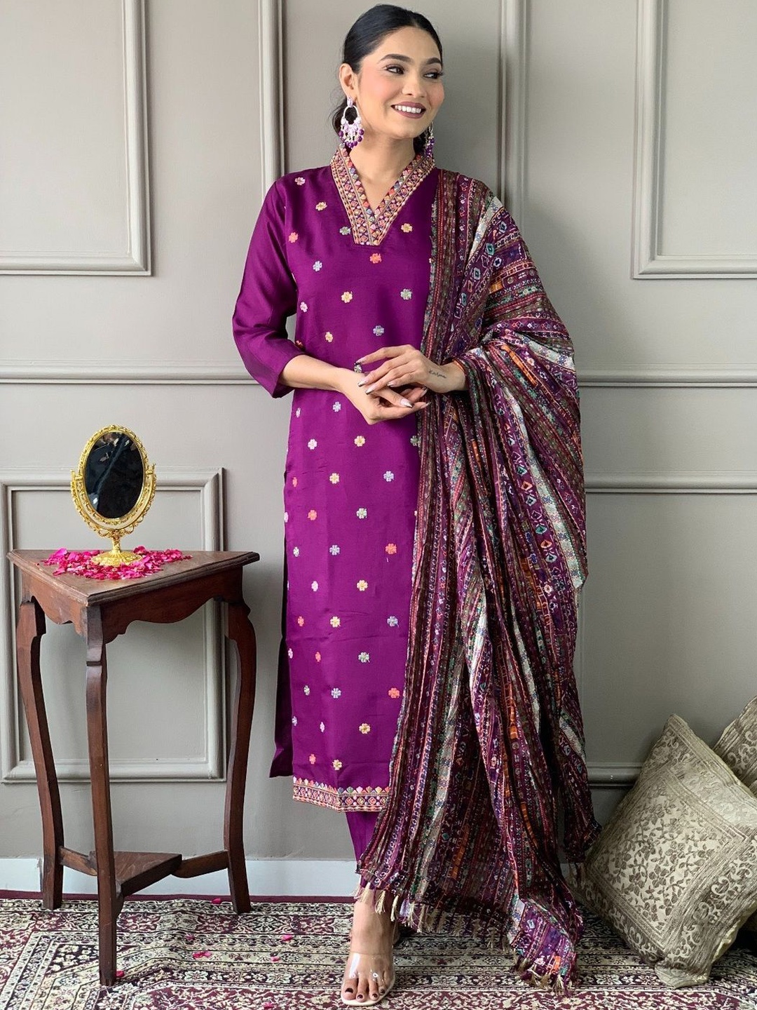 

KALINI Floral Embroidered V-Neck Chanderi Kurta With Trouser & Dupatta, Purple