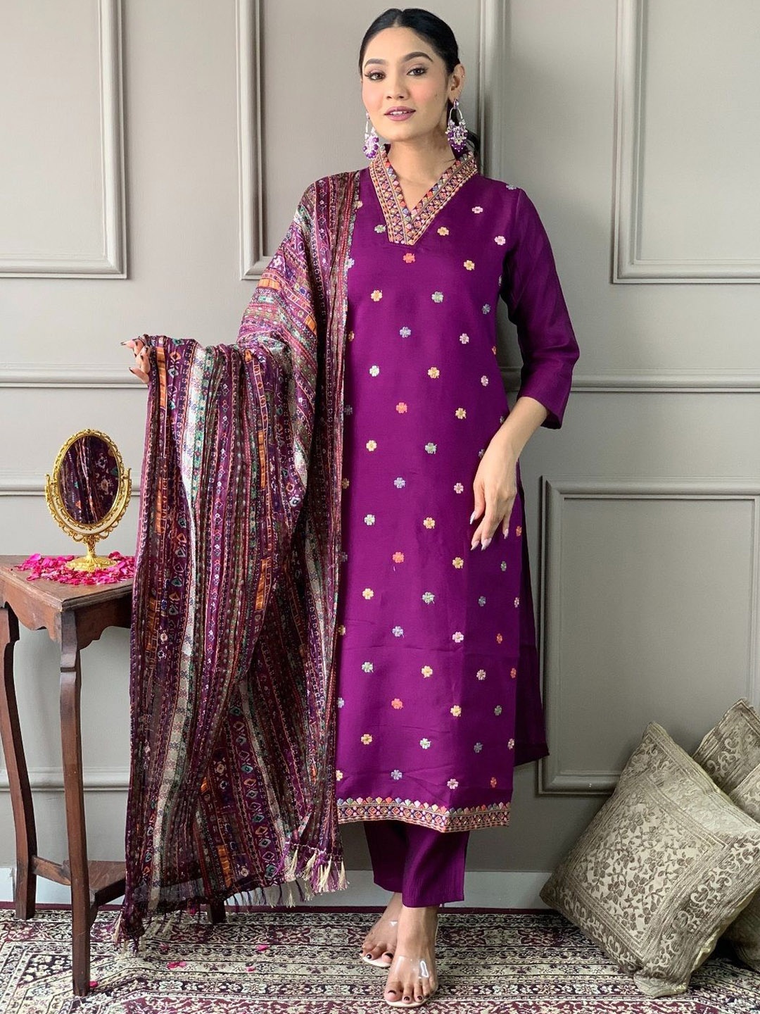 

KALINI Floral Embroidered V-Neck Chanderi Kurta With Trouser & Dupatta, Purple