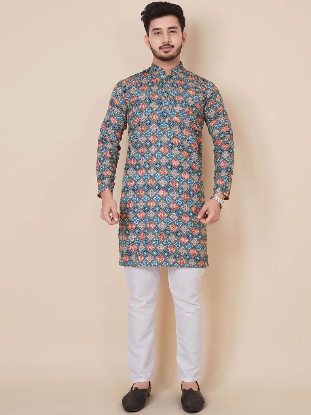 

ALMORA Ethnic Motifs Printed Mandarin Collar Long Sleeves Pure Cotton Straight Kurta, Blue