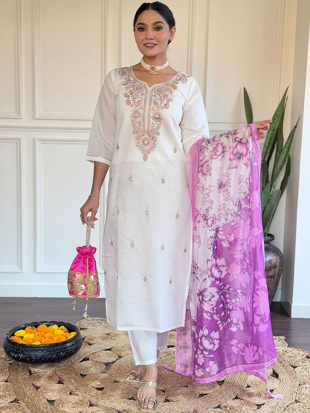 

KALINI Floral Embroidered Notch Neck Sequinned Straight Kurta With Trousers & Dupatta, White