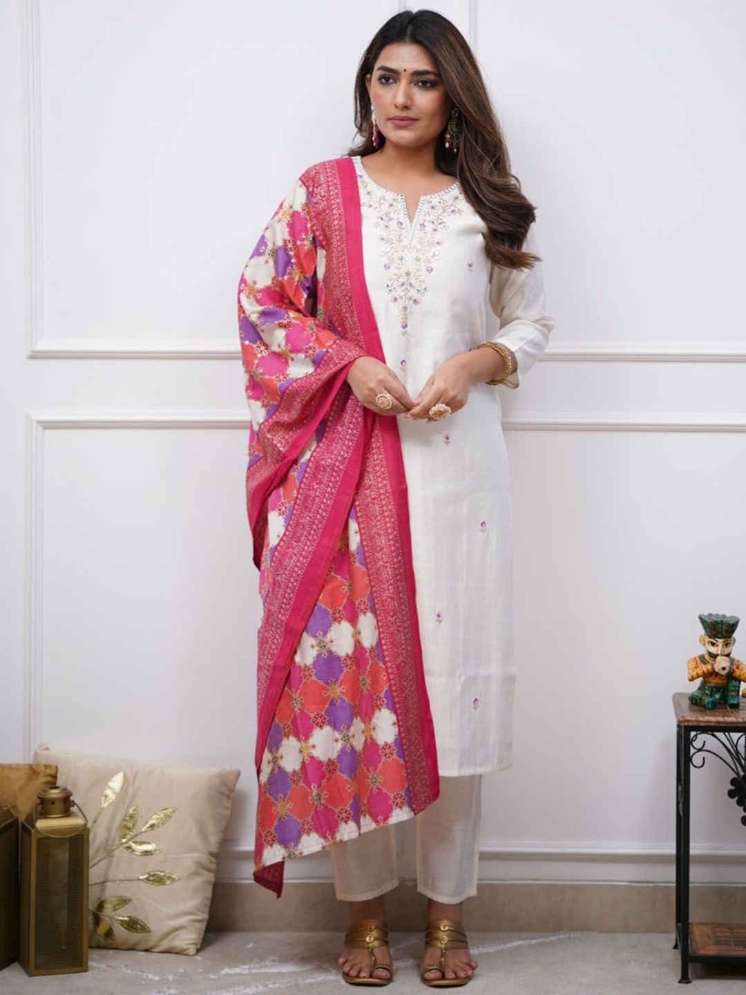 

KALINI Floral Embroidered Notch Neck Chanderi Silk Straight Kurta With Trousers & Dupatta, White