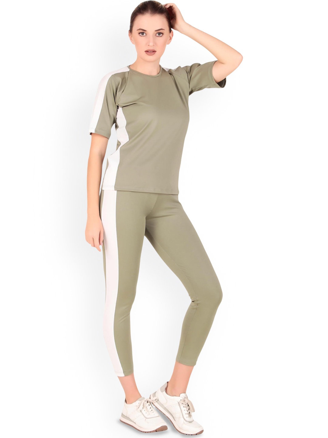 

BENZOS Women Colourblocked T-Shirt With Tights Co-Ords, Grey