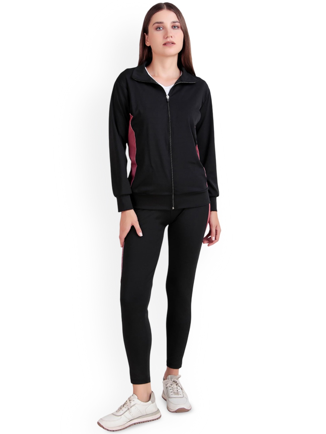 

BENZOS Women Colourblocked Mock Collar Tracksuit, Black