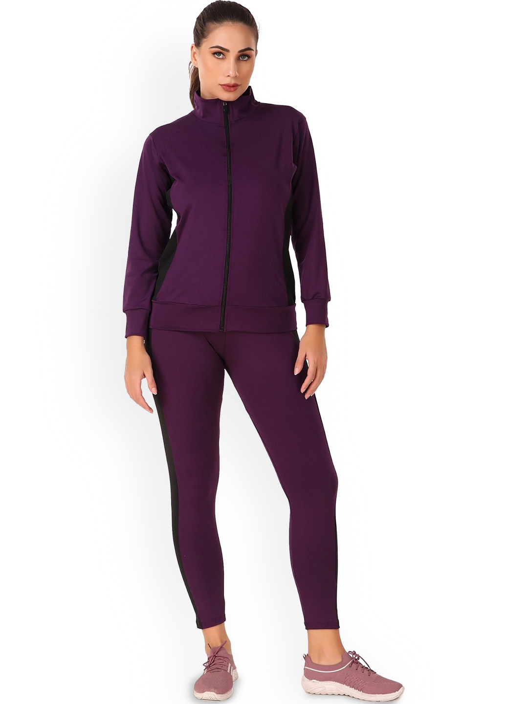 

BENZOS Women Mock Collar Sports Tracksuit, Purple