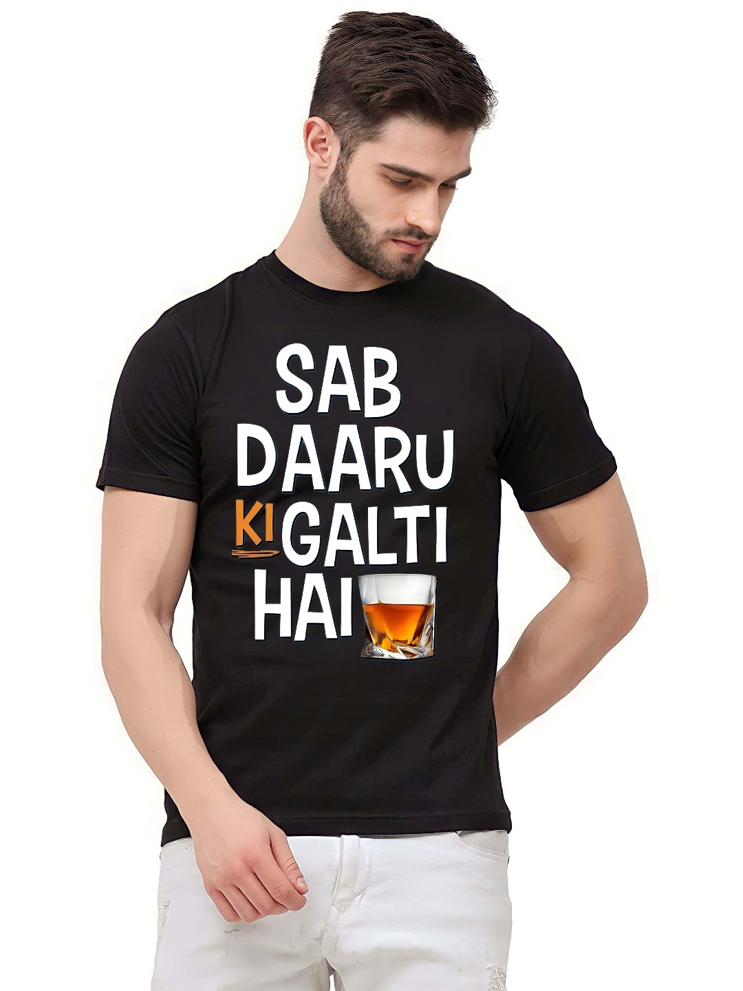 

BOWLIFESTYLE Men Typography Printed Round Neck Pure Cotton T-shirt, Black