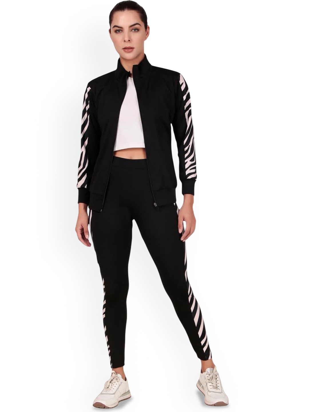 

BENZOS Women Printed Mock Collar Tracksuit, Black