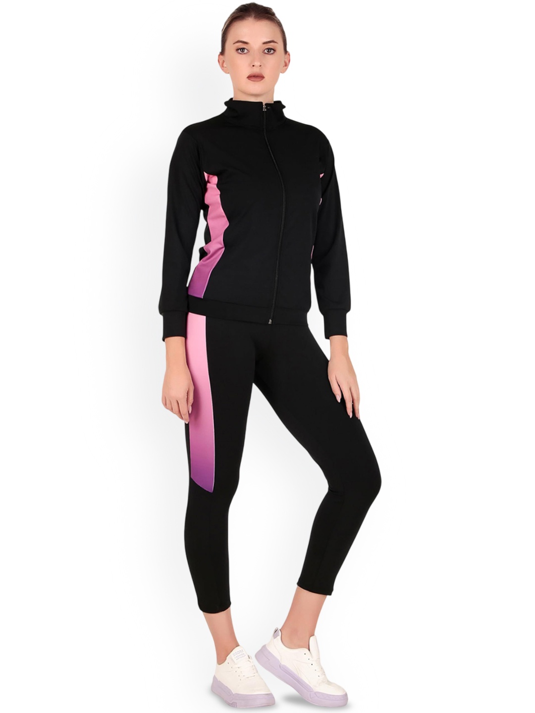 

BENZOS Women Colourblocked Mock Collar Tracksuit, Black