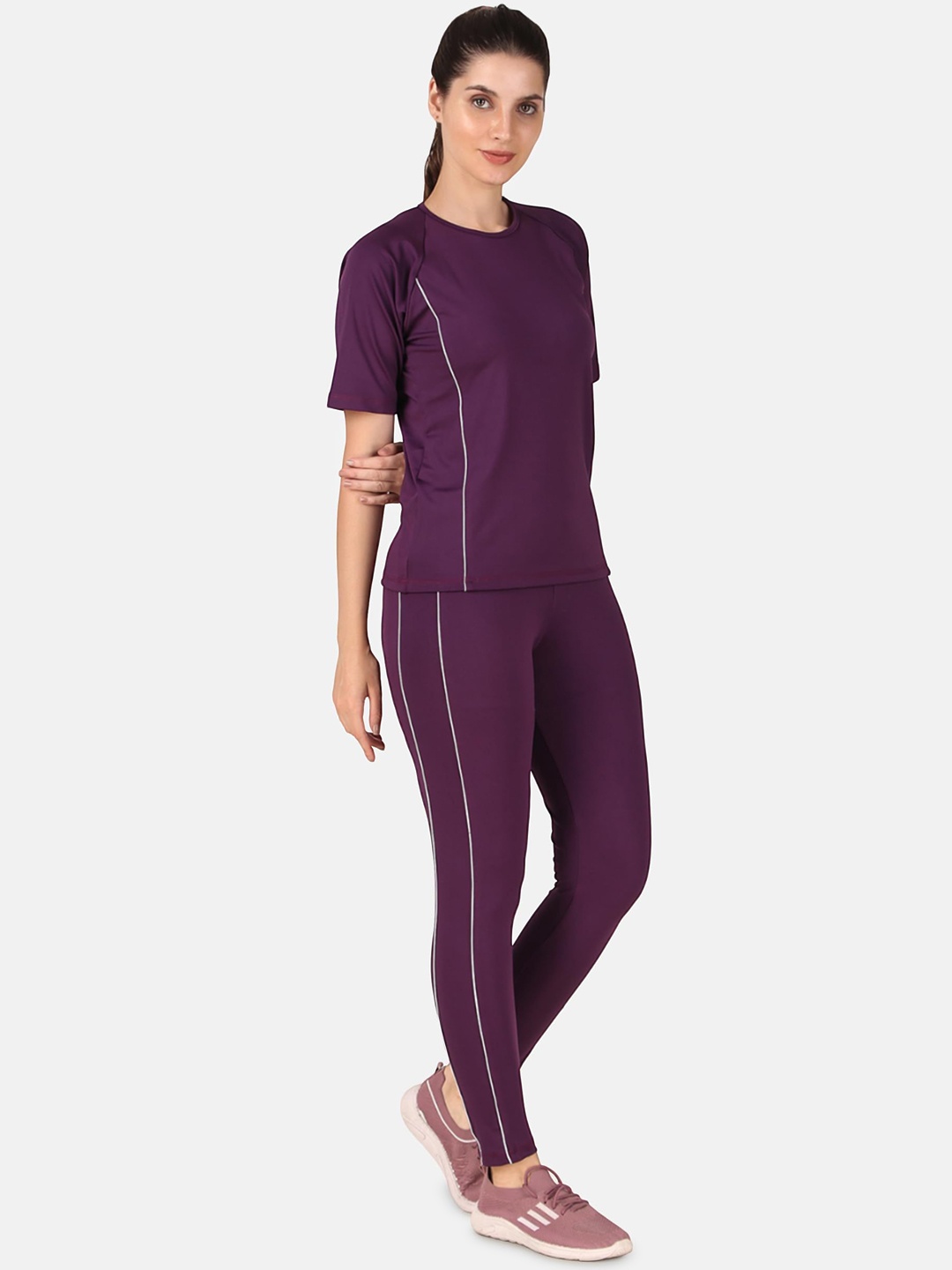 

BENZOS Women Short Sleeves T-Shirt With Tights Co-Ords, Purple