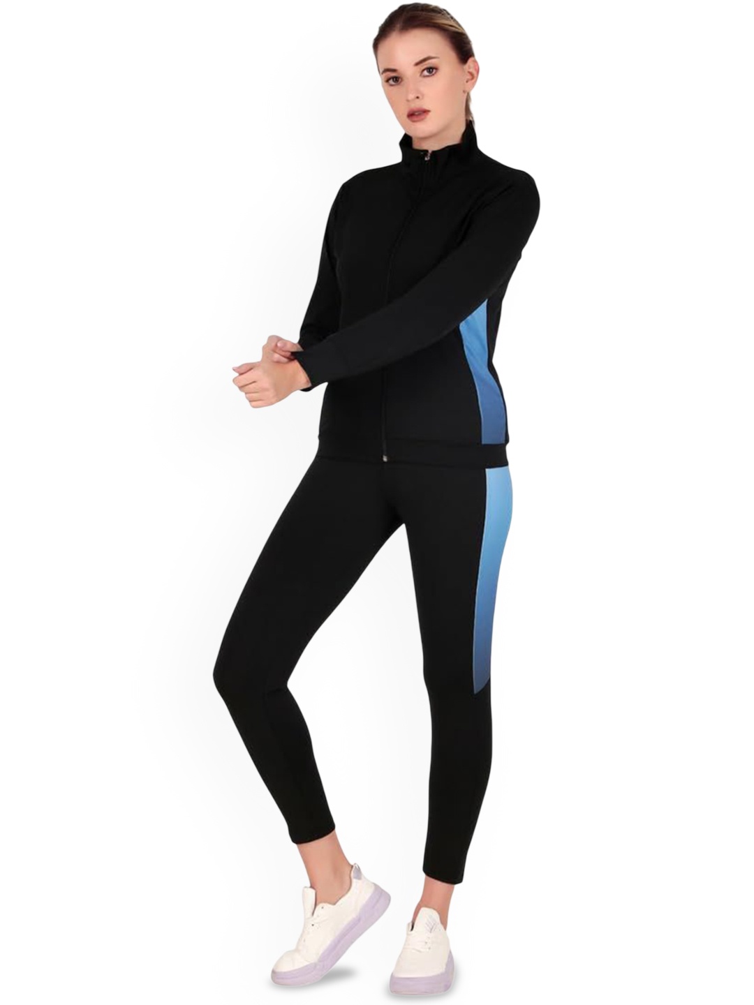 

BENZOS Women Colourblocked Mock Collar Tracksuit, Black