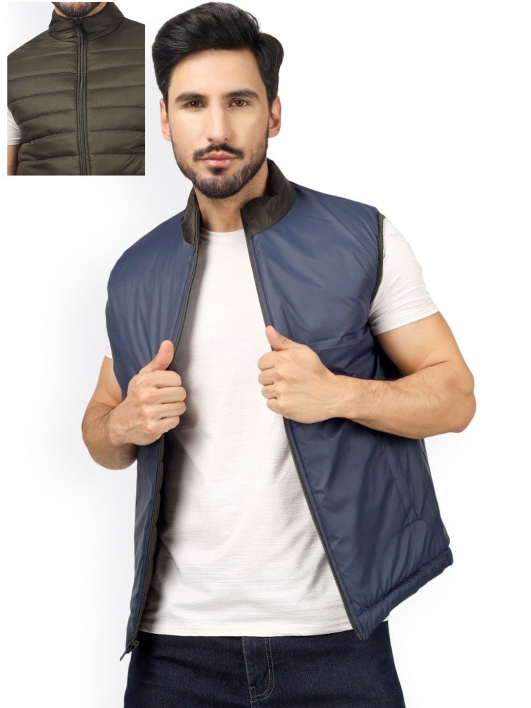 

BLUEFICUS Men Mock Collar Solid Casual Reversible Gilet Jacket, Olive