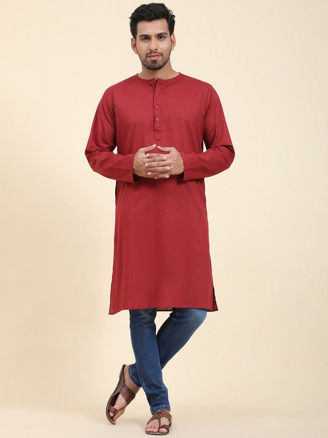 

Moda Rapido Long Sleeves Round Neck Cotton Straight Kurta, Red