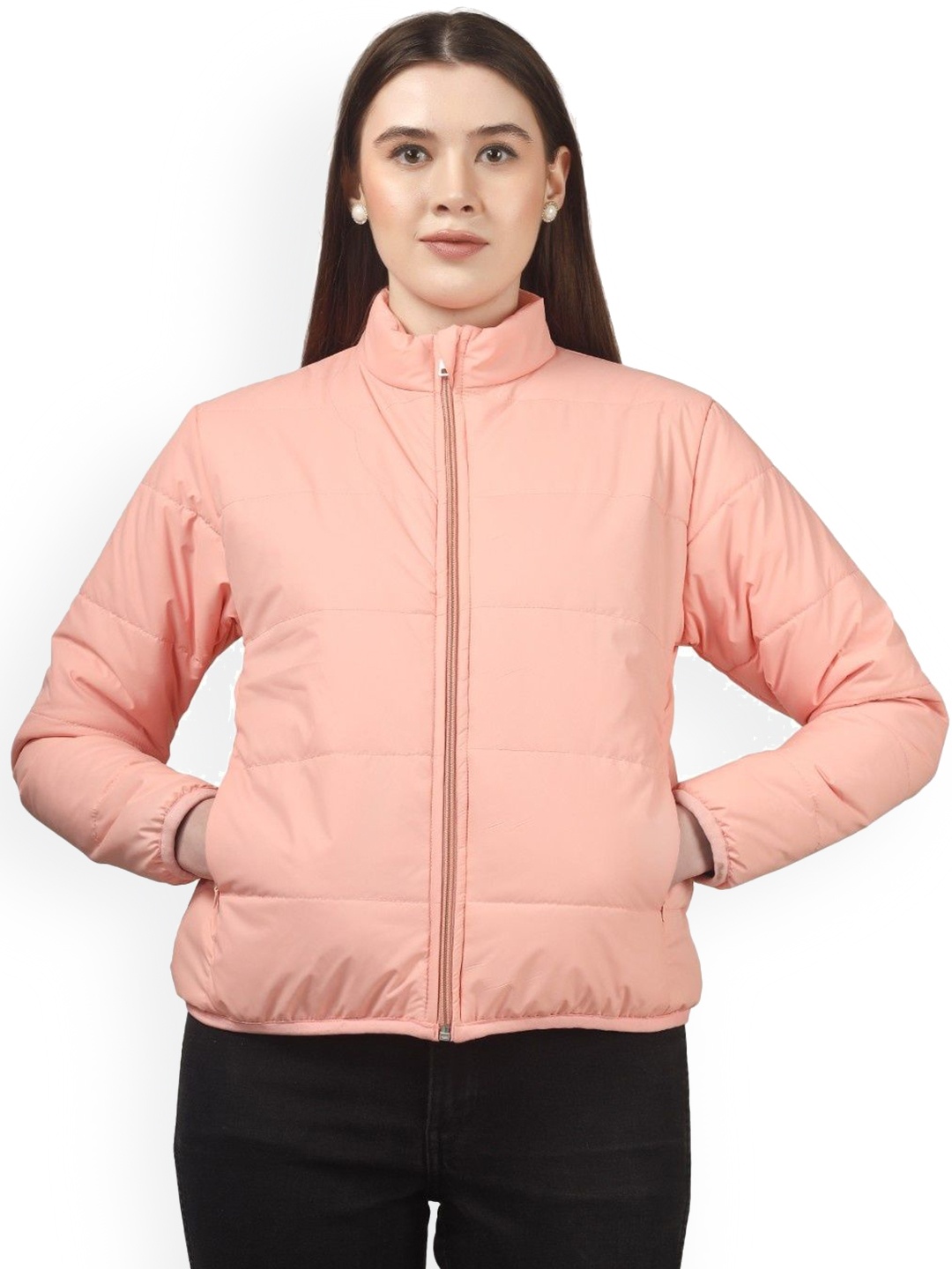 

BLUEFICUS Women Mock Collar Solid Casual Lightweight Padded Jacket, Peach