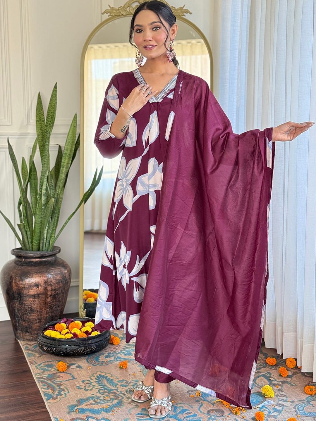 

KALINI Gulmohar Floral Printed V-Neck Pleated A-Line Kurta With Trousers & Dupatta, Magenta