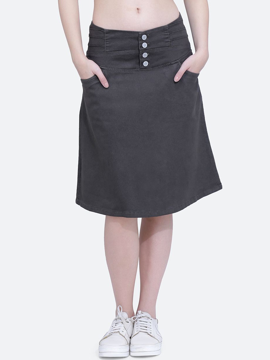 

FCK-3 Women Flared Knee Length Back Slit A-Line Skirts, Grey
