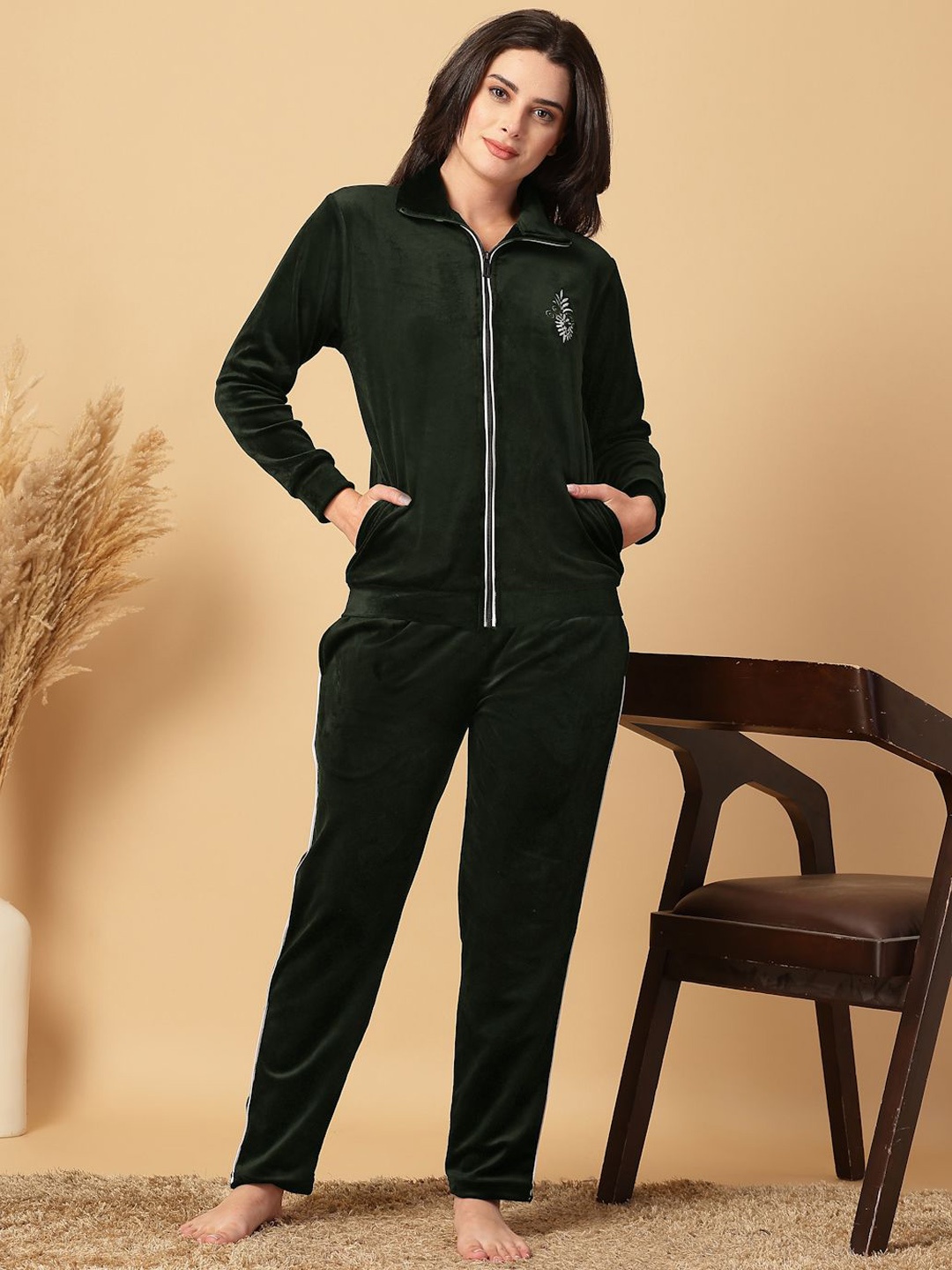 

FABINALIV Women Embroidered Winter Night Suit, Olive