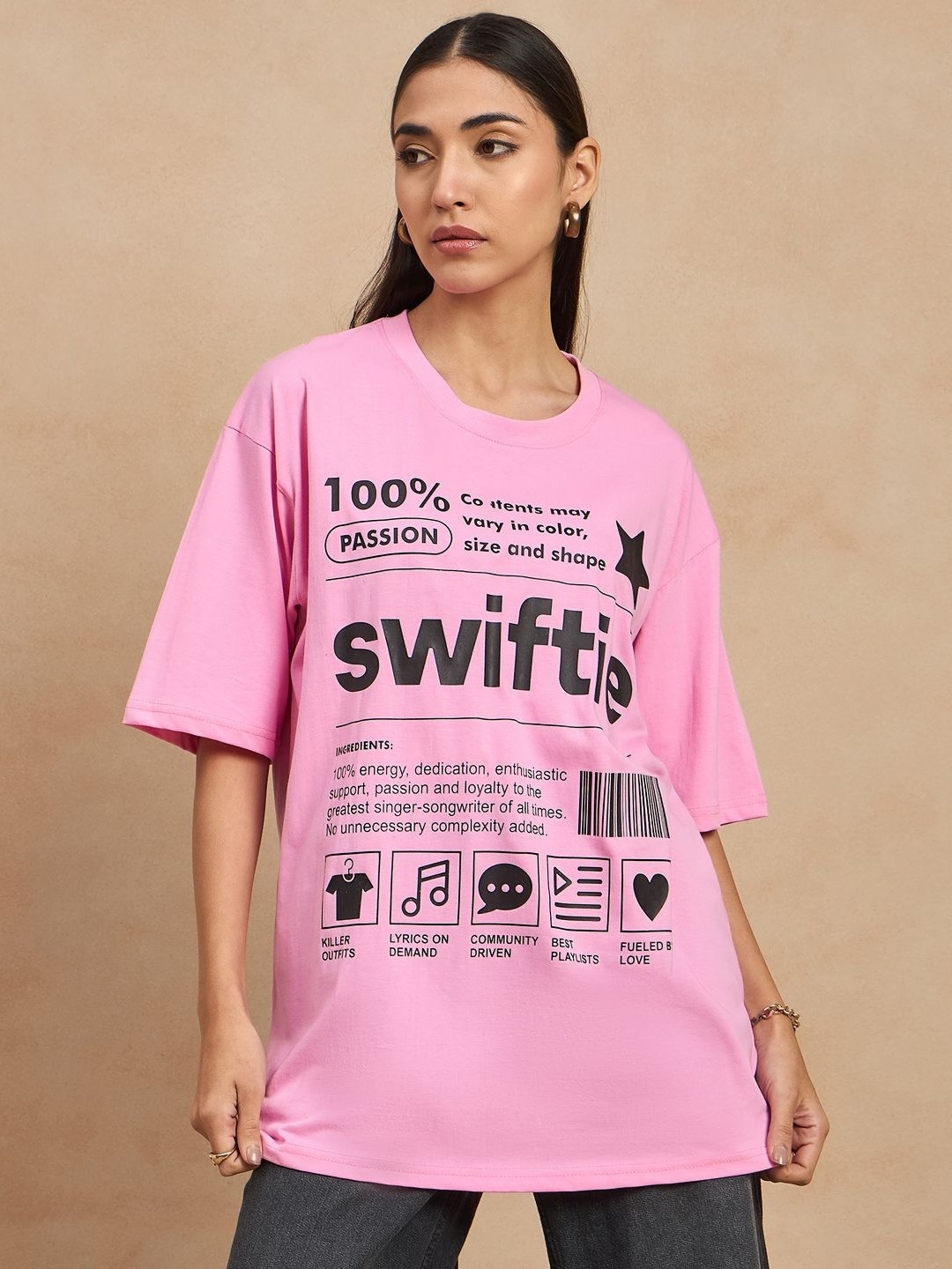 

COLOR CAPITAL Women Typography Printed Round Neck Cotton Oversized T-shirt, Pink