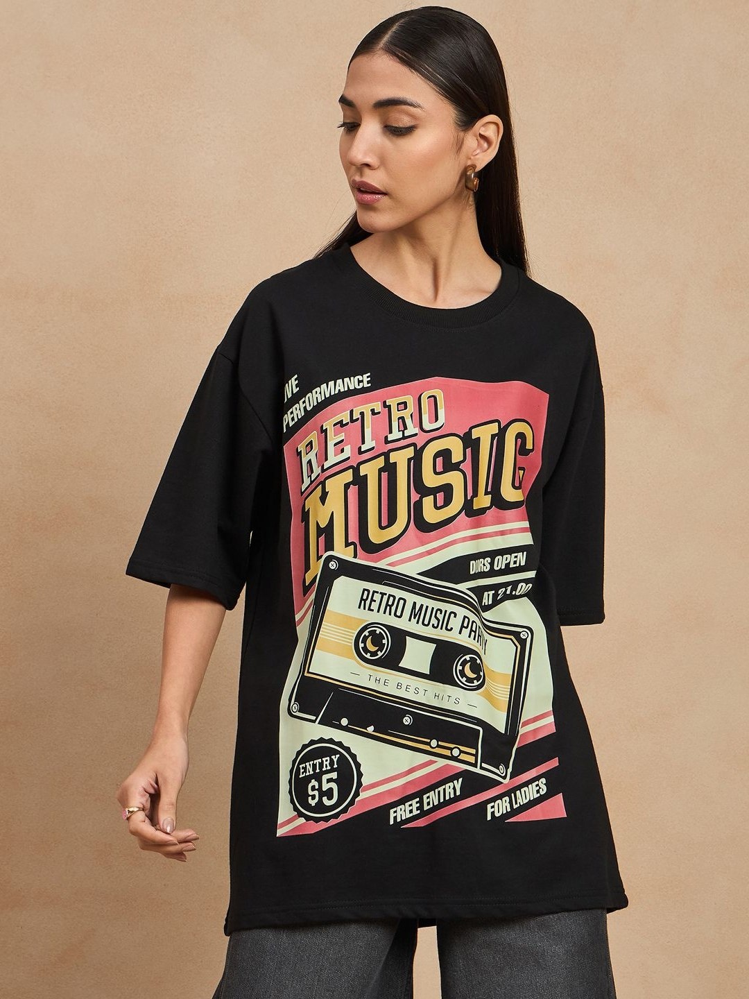 

COLOR CAPITAL Women Typography Printed Round Neck Cotton Oversized T-shirt, Black