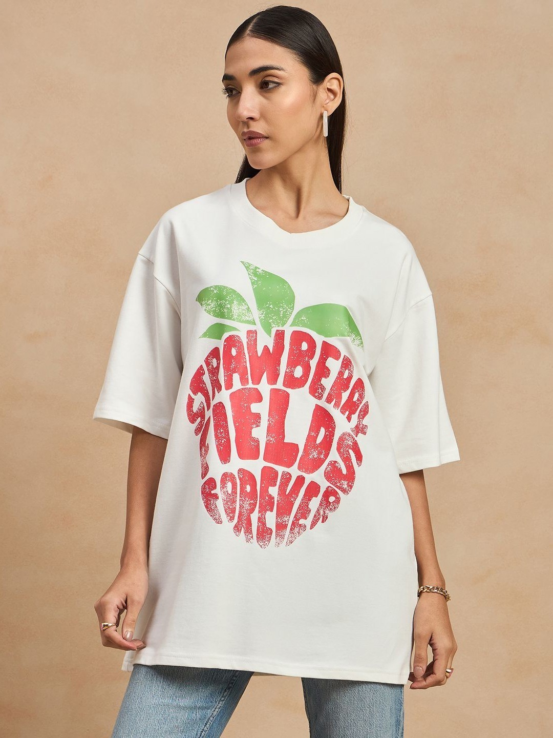 

COLOR CAPITAL Women Typography Printed Round Neck Cotton Oversized T-shirt, Off white