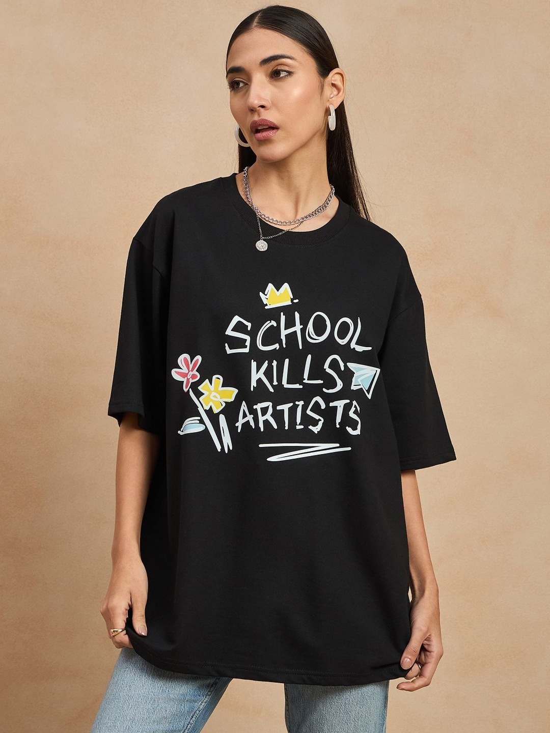 

COLOR CAPITAL Women Typography Printed Round Neck Cotton Oversized T-shirt, Black
