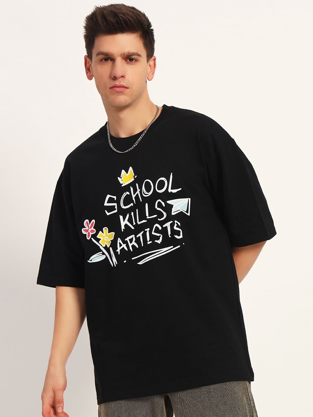 

COLOR CAPITAL Unisex Typography Printed Round Neck Cotton Oversized T-shirt, Black