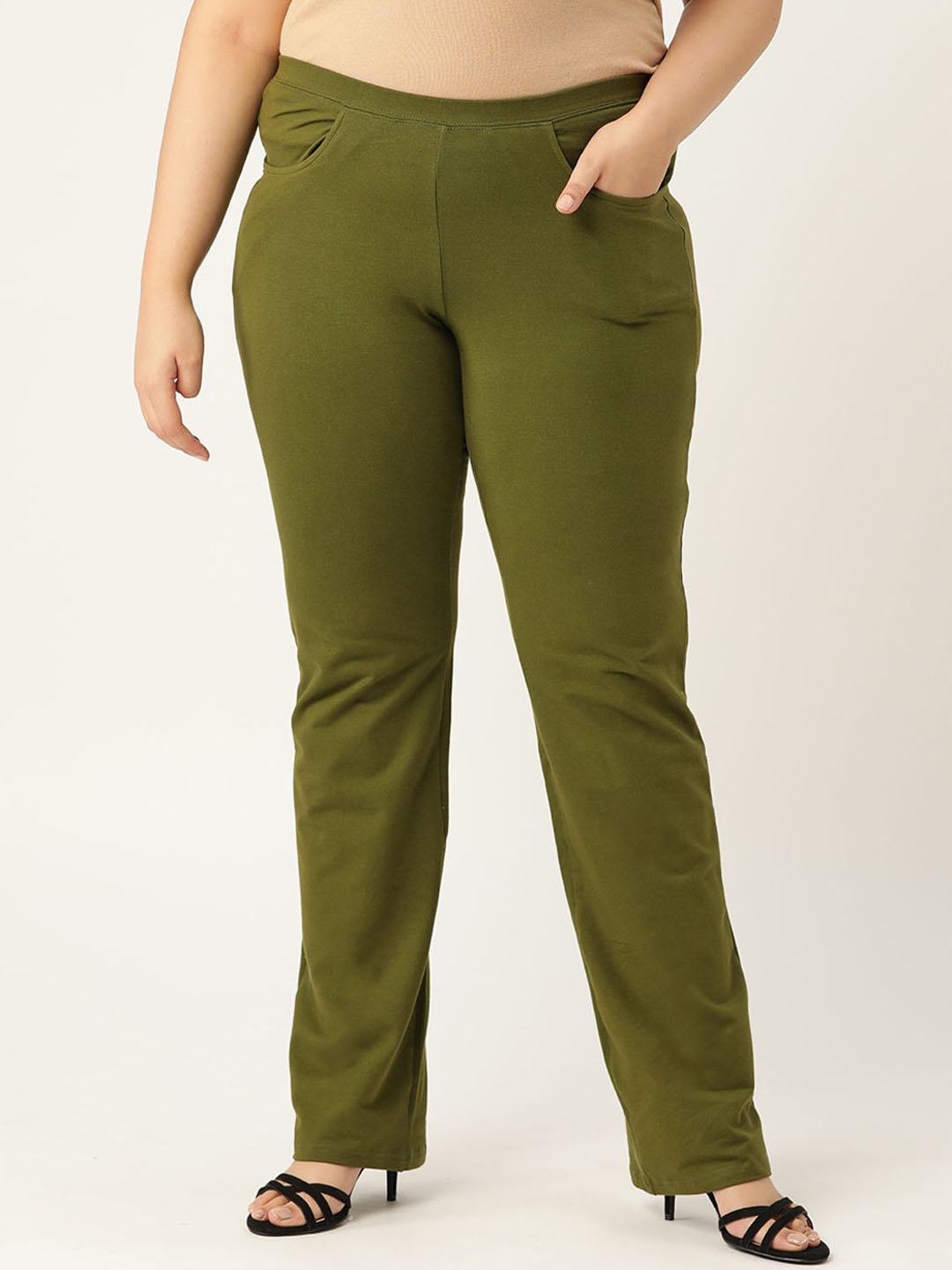 

theRebelinme Women Plus Size Relaxed High-Rise Cotton Trouser, Green