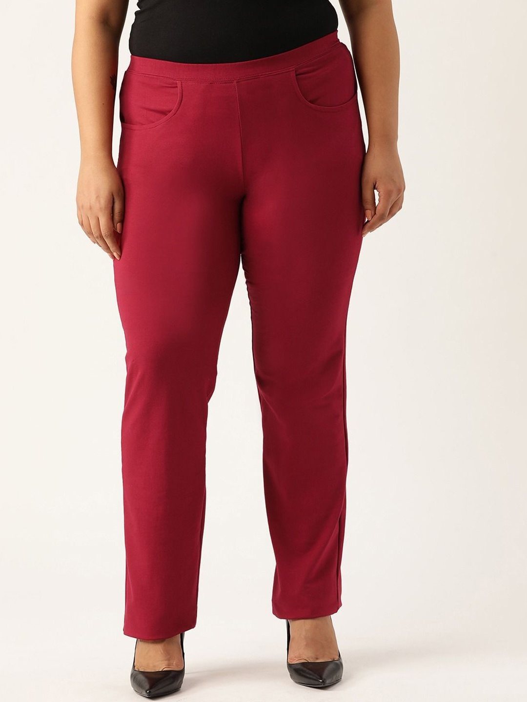 

theRebelinme Women Plus Size Relaxed High-Rise Easy Wash Trousers, Maroon