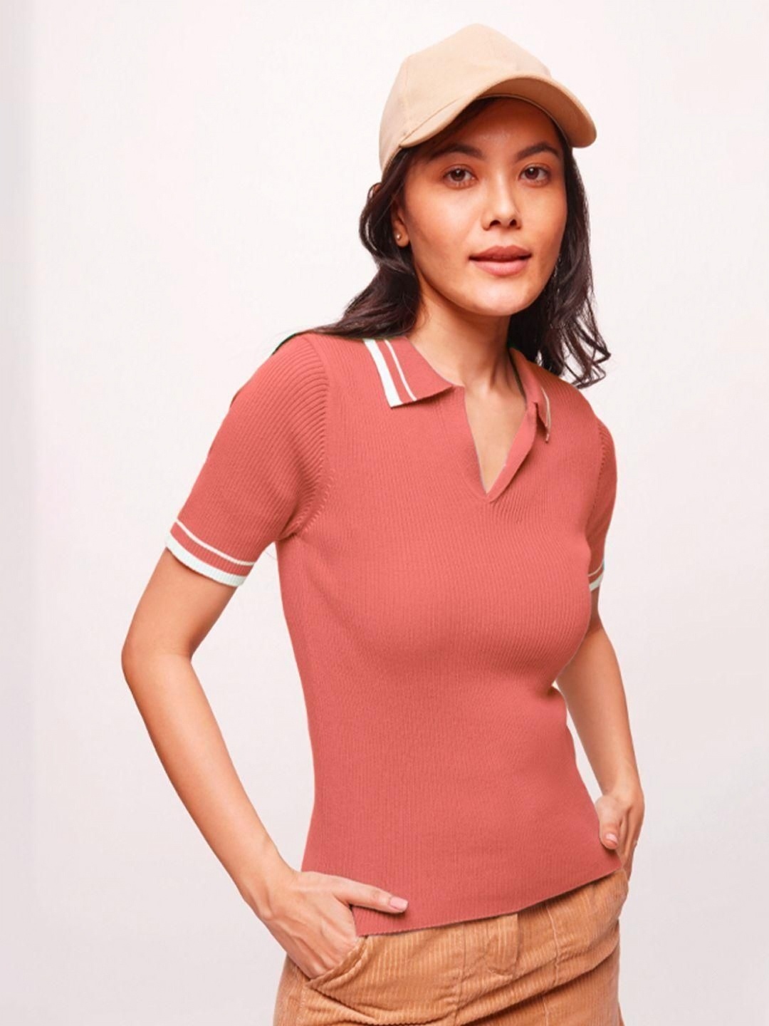 

Bombay High Women Solid Polo Collar Cotton Slim Fit T-shirt, Peach