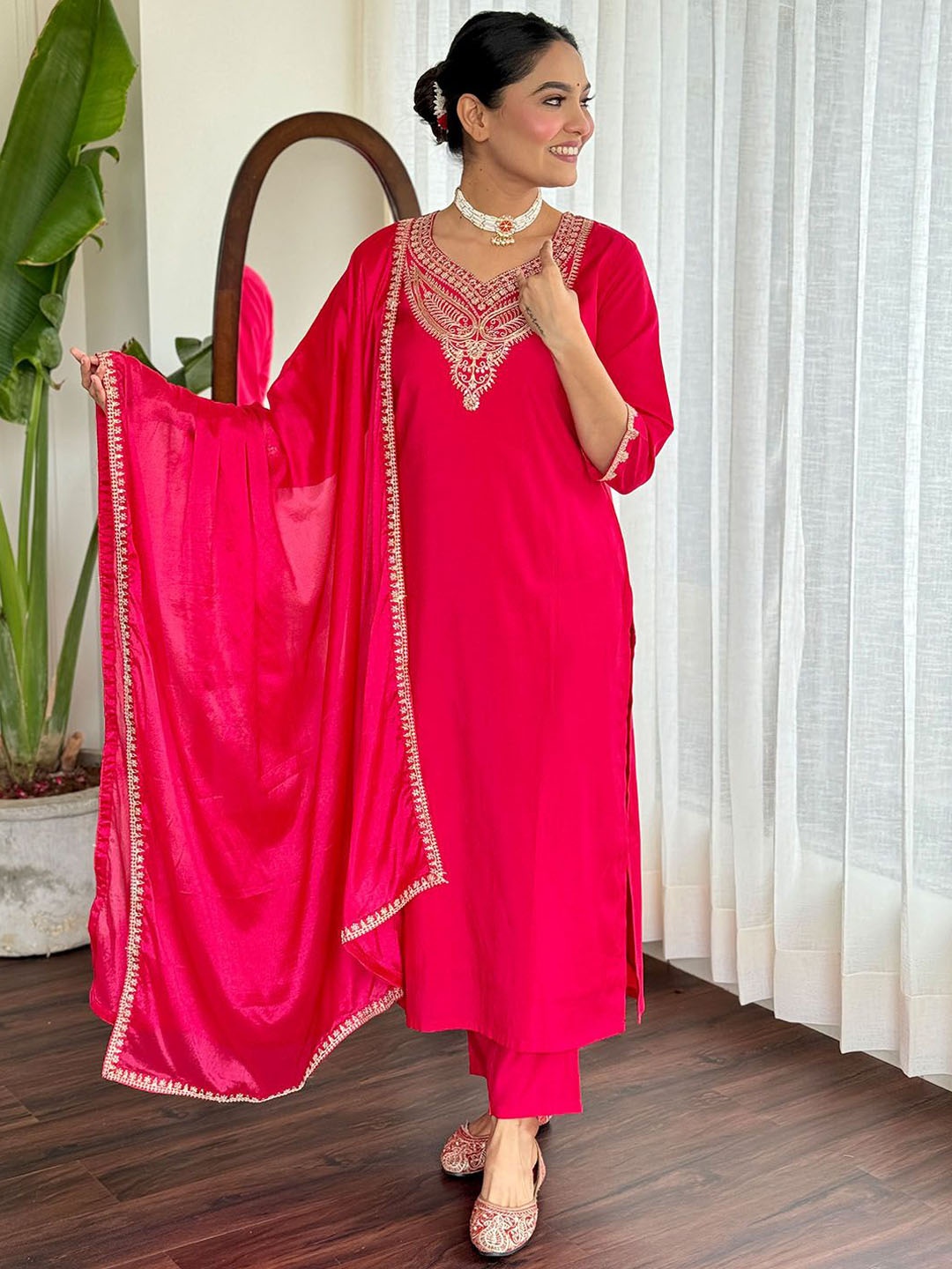 

KALINI Embroidered Yoke Design Chanderi Silk Straight Kurta With Trousers & Dupatta, Pink