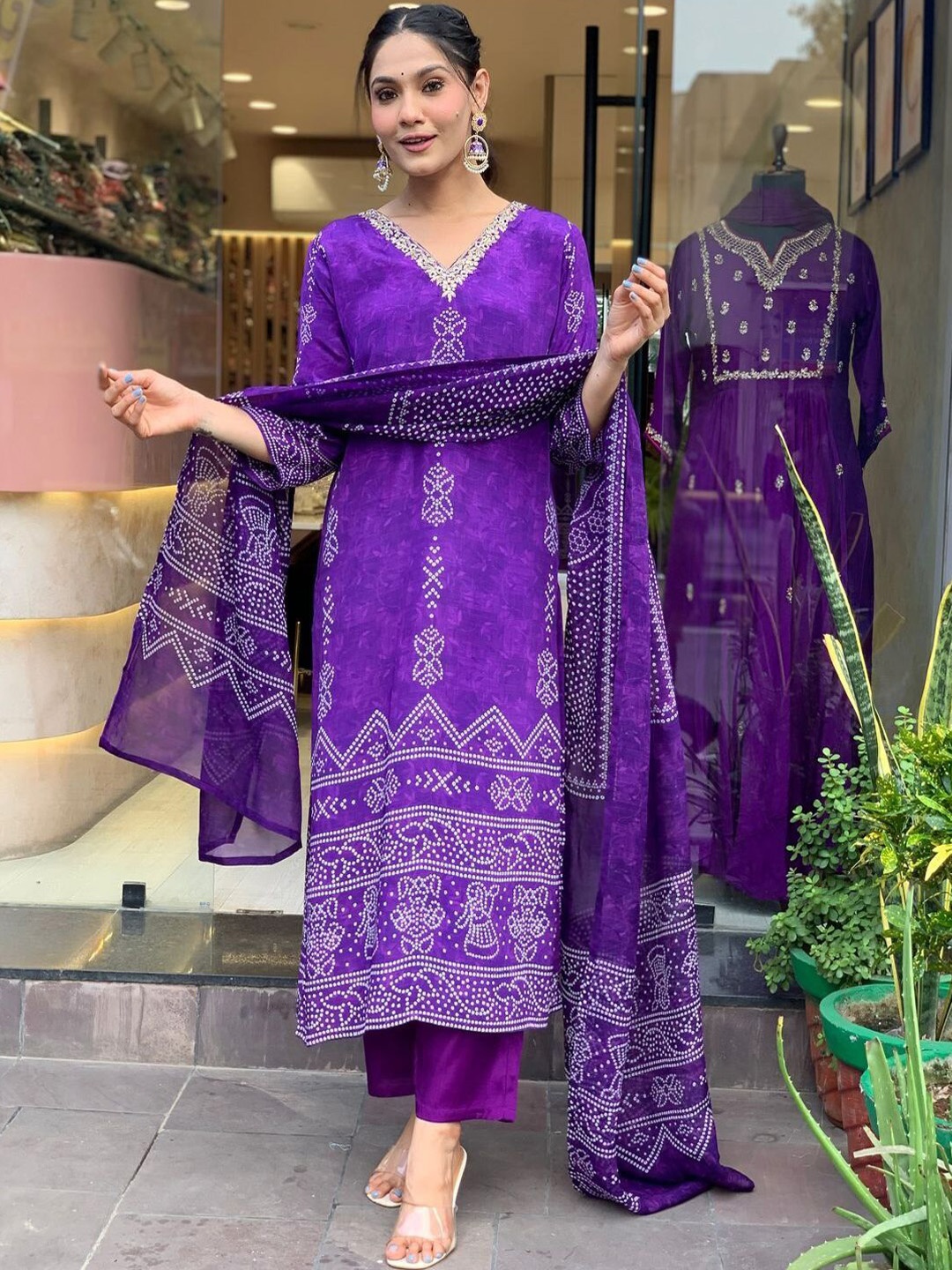 

KALINI Bandhani Printed V-Neck Sequinned Straight Kurta With Trousers & Dupatta, Purple