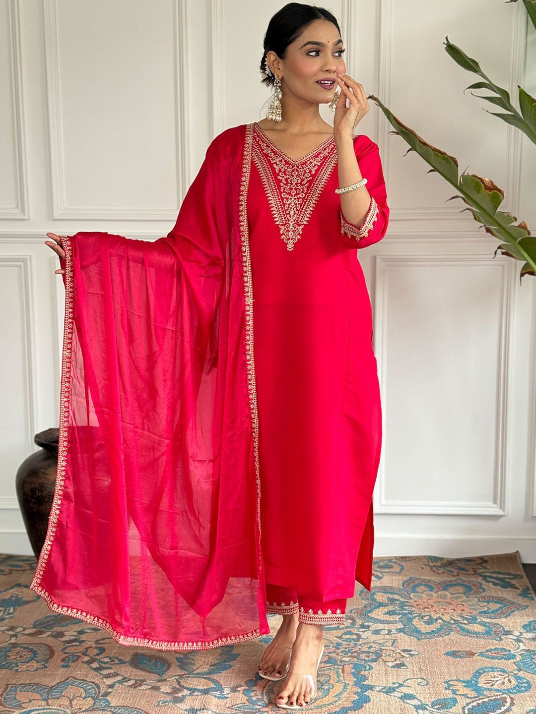 

KALINI Embroidered Yoke Design V-Neck Chanderi Silk Kurta With Trousers & Dupatta, Pink