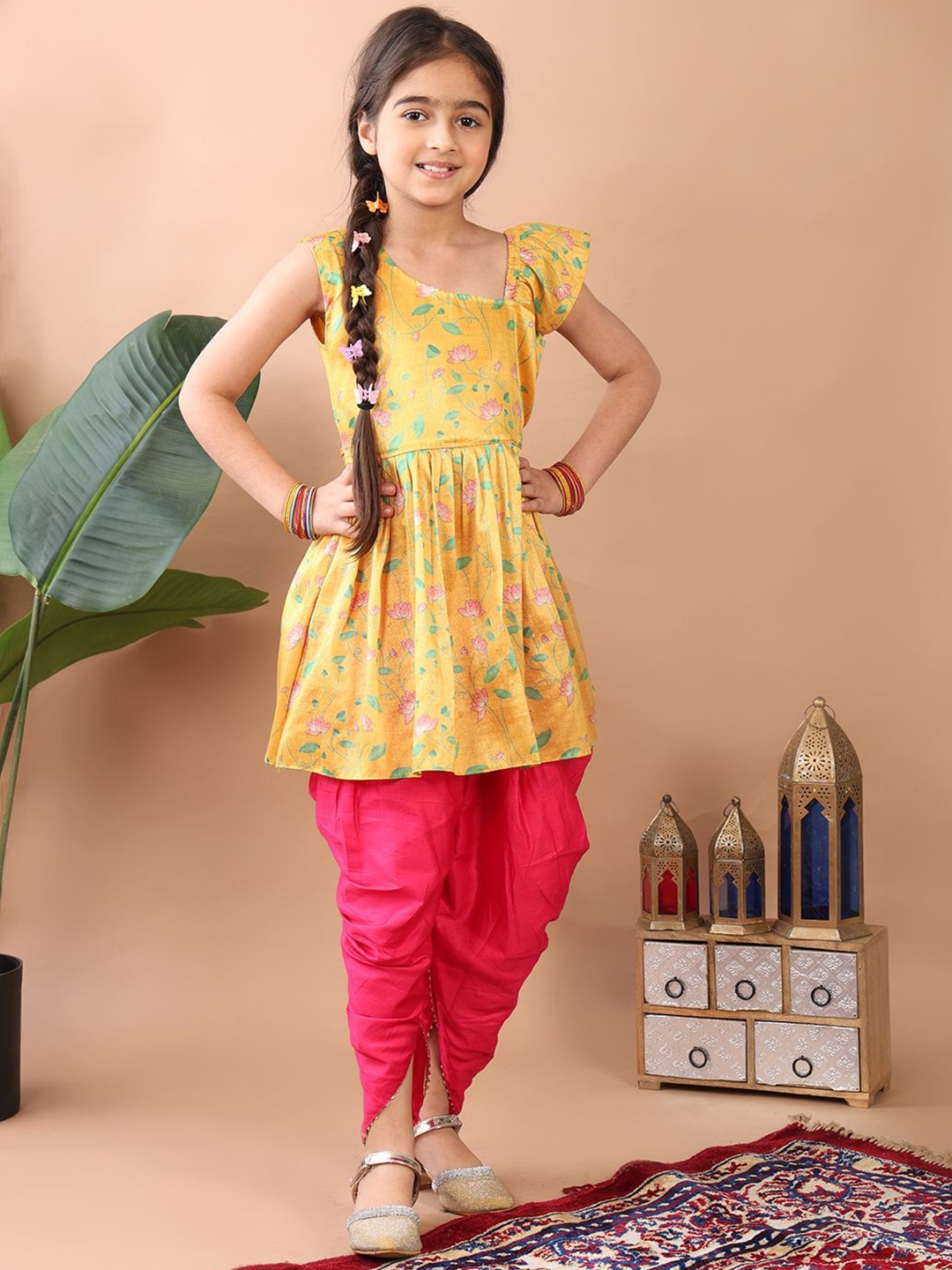 

Here&Now X Kinder Kids Girls Floral Printed A-Line Kurti with Dhoti Pant, Yellow