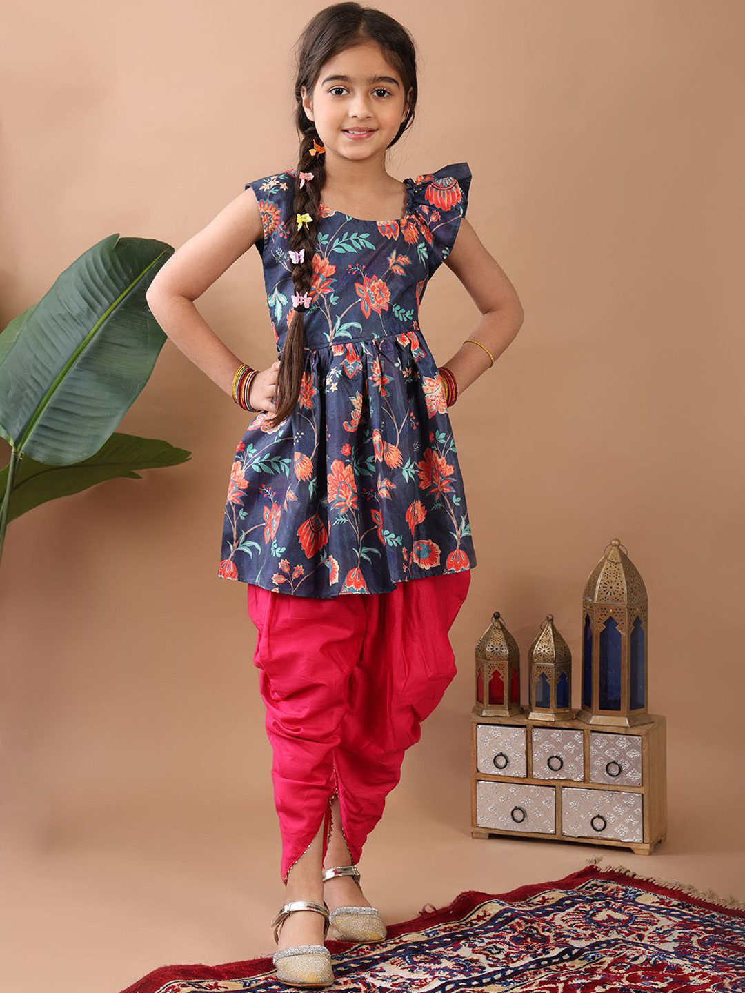 

Here&Now X Kinder Kids Girls Floral Printed A-Line Kurti with Dhoti Pant, Blue