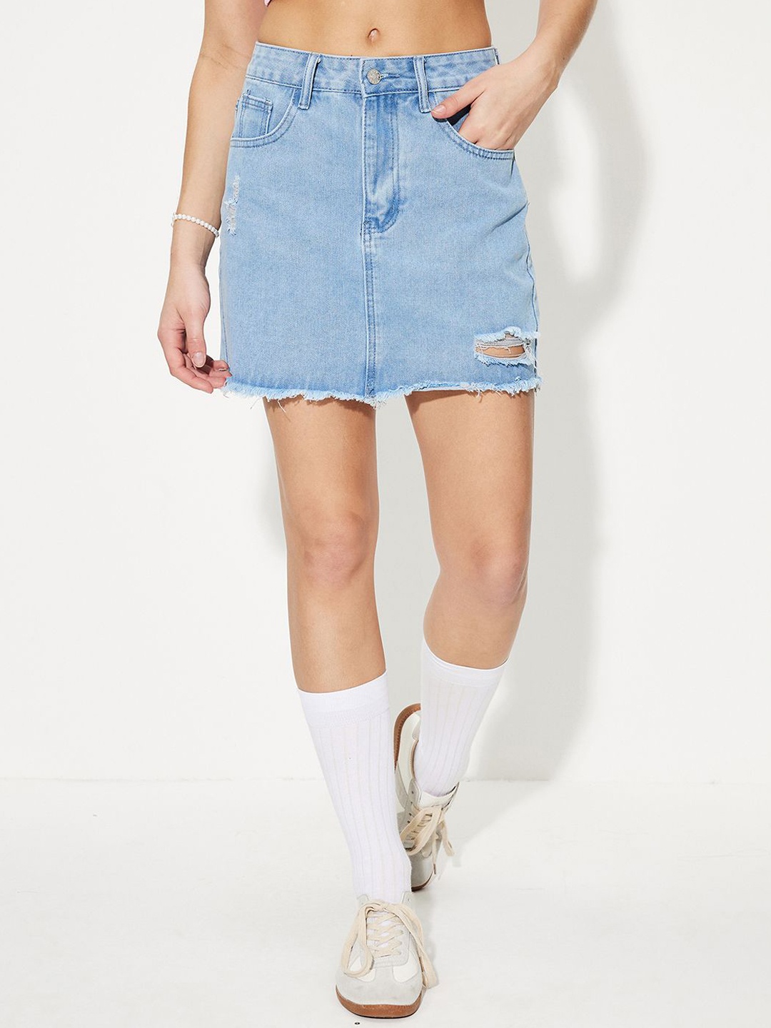 

StyleCast Denim Straight Fit Distressed Denim Skirt, Blue