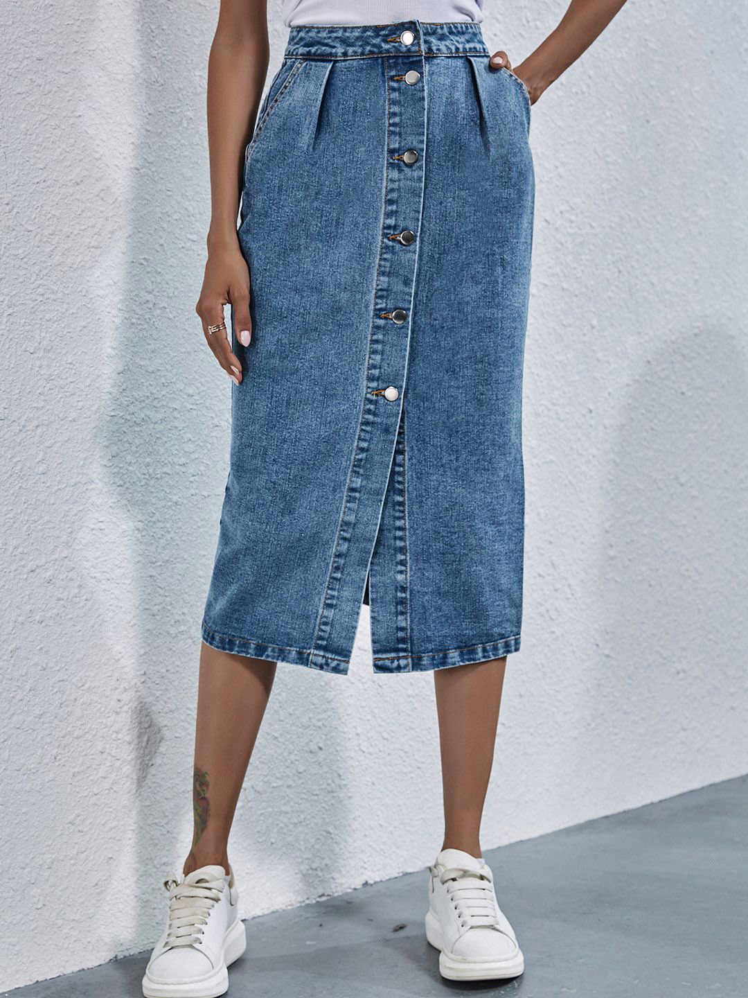 

StyleCast Women Front Slit Denim Skirt, Blue