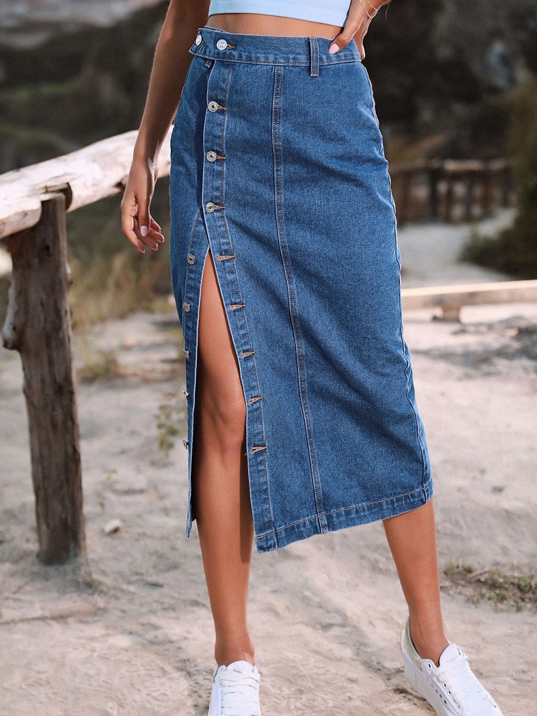 

StyleCast Women Thigh Slit Denim Skirt, Navy blue