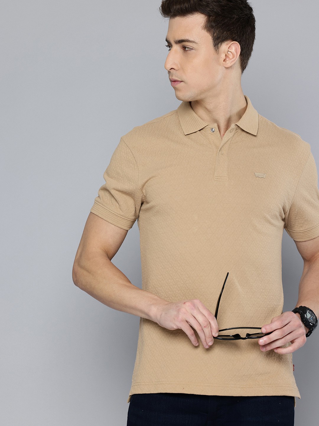 

Levis Pure Cotton Self Geometric Polo Collar Slim Fit T-shirt, Beige