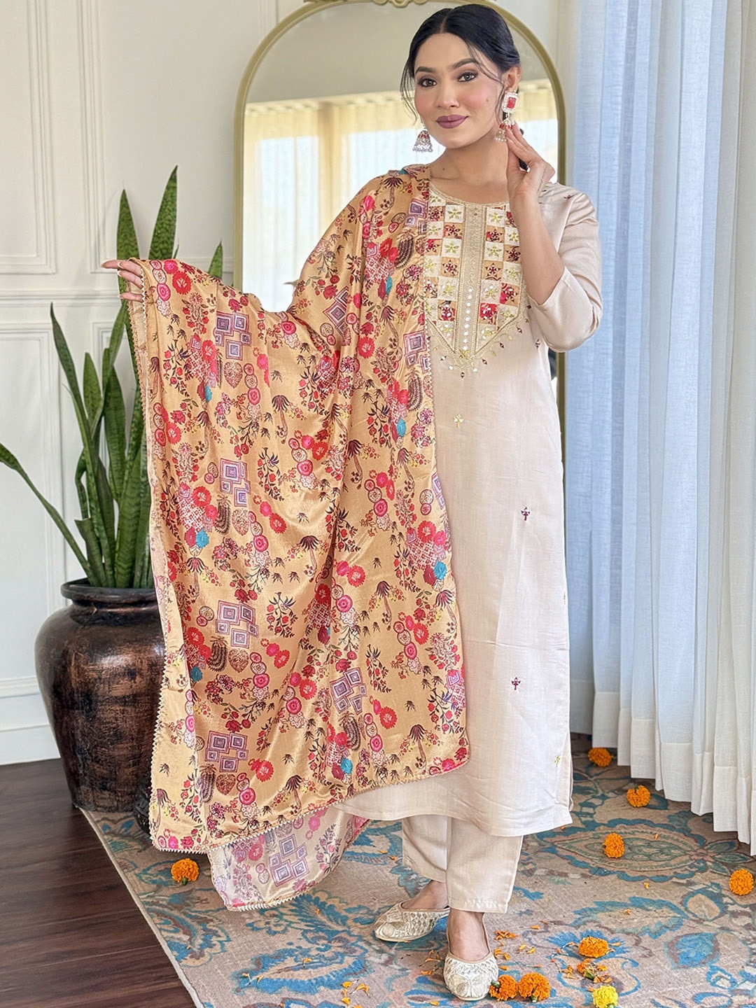 

Navlik Floral Embroidered Mirror Work Straight Kurta With Trousers And Dupatta, Beige