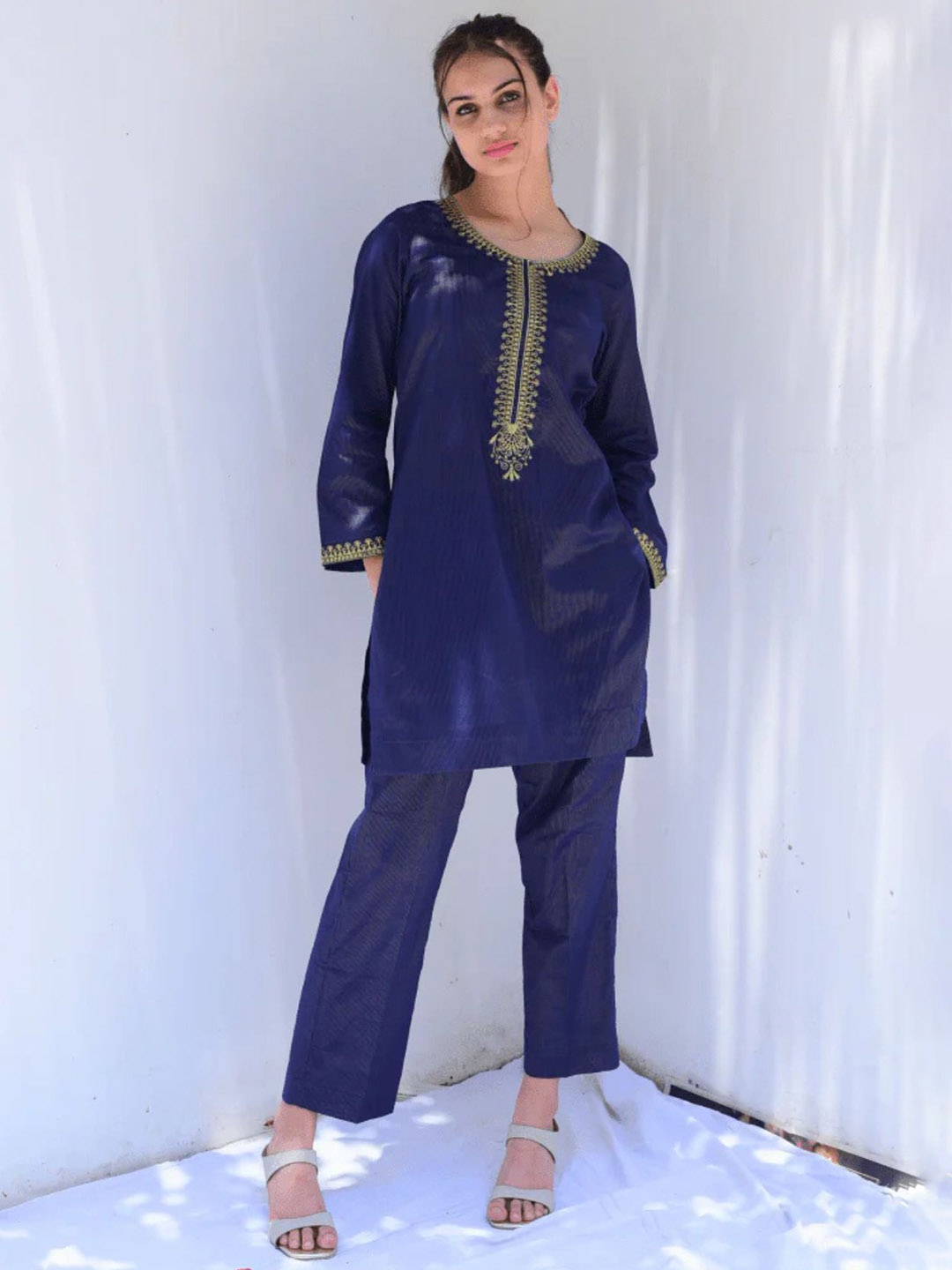 

Mera Rang Selection Of 2 Embroidered Pure Cotton Tunic With Trousers, Blue