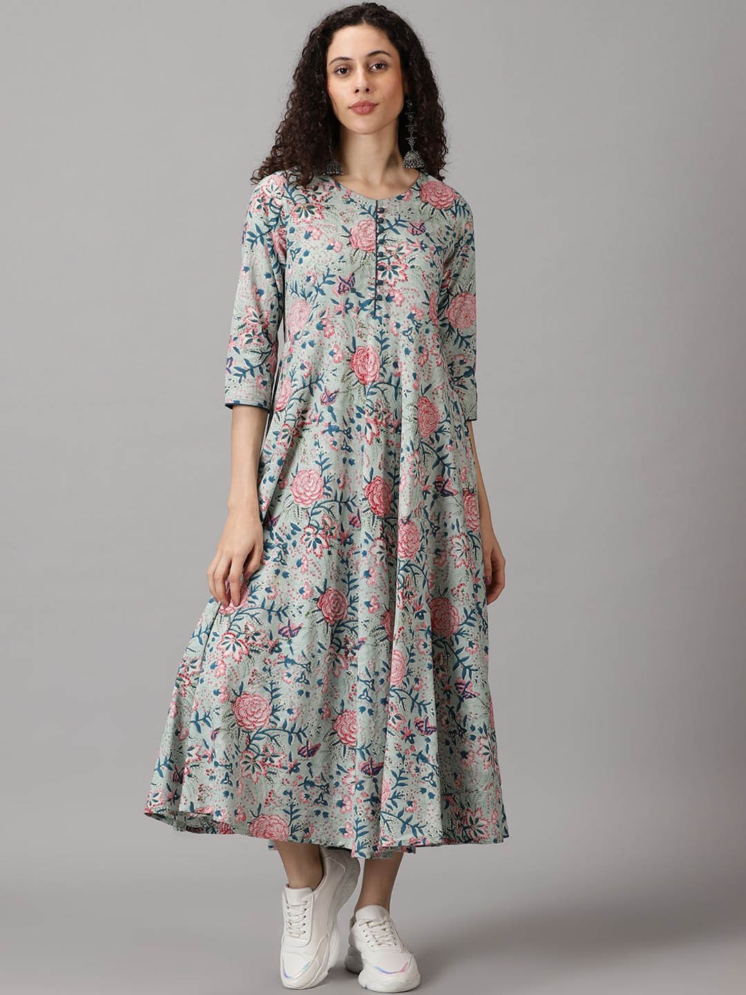

HERE&NOW Floral Printed Round Neck Anarkali Kurta, Blue