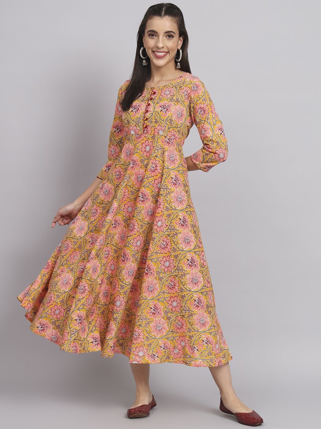 

HERE&NOW Floral Printed Round Neck Anarkali Kurta, Yellow