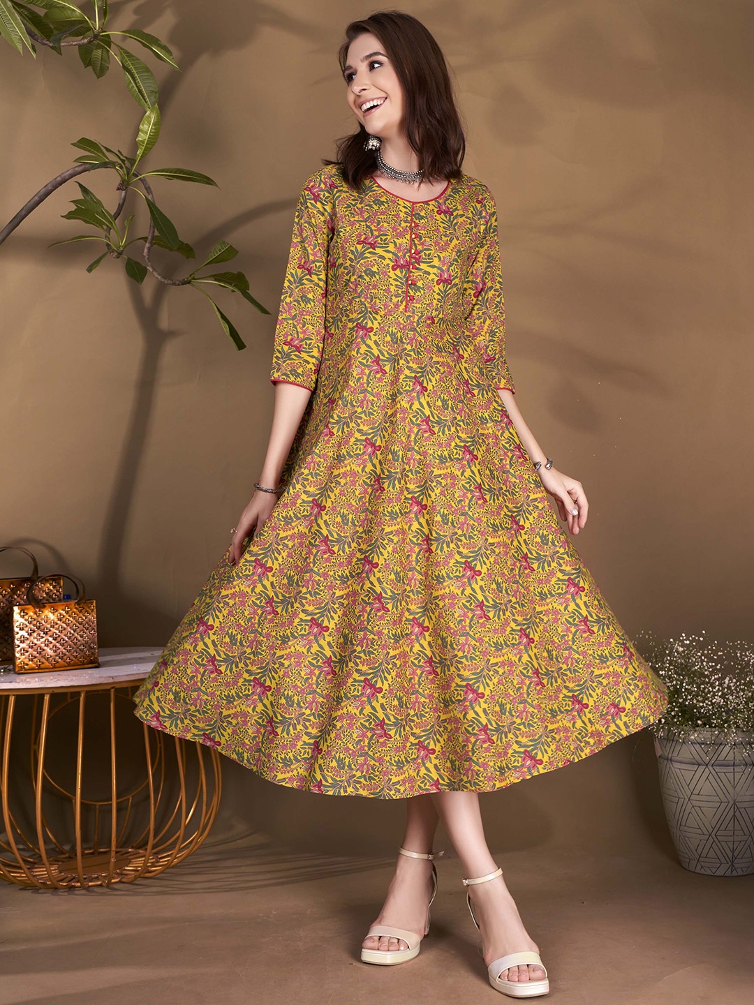 

HERE&NOW Floral Printed Round Neck Fit and Flare Ethnic Dress, Yellow
