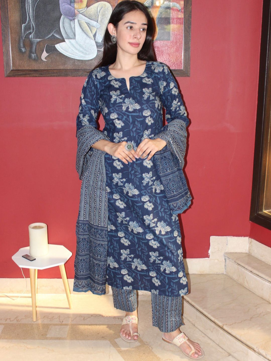 

all about you Navy Blue Floral Printed Notch Neck Straight Kurta With Trousers & Dupatta