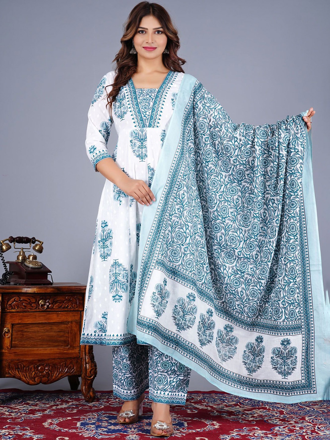 

L.H HANDICRAFTS Floral Printed Pure Cotton Anarkali Kurta With Trousers And Dupatta, Blue
