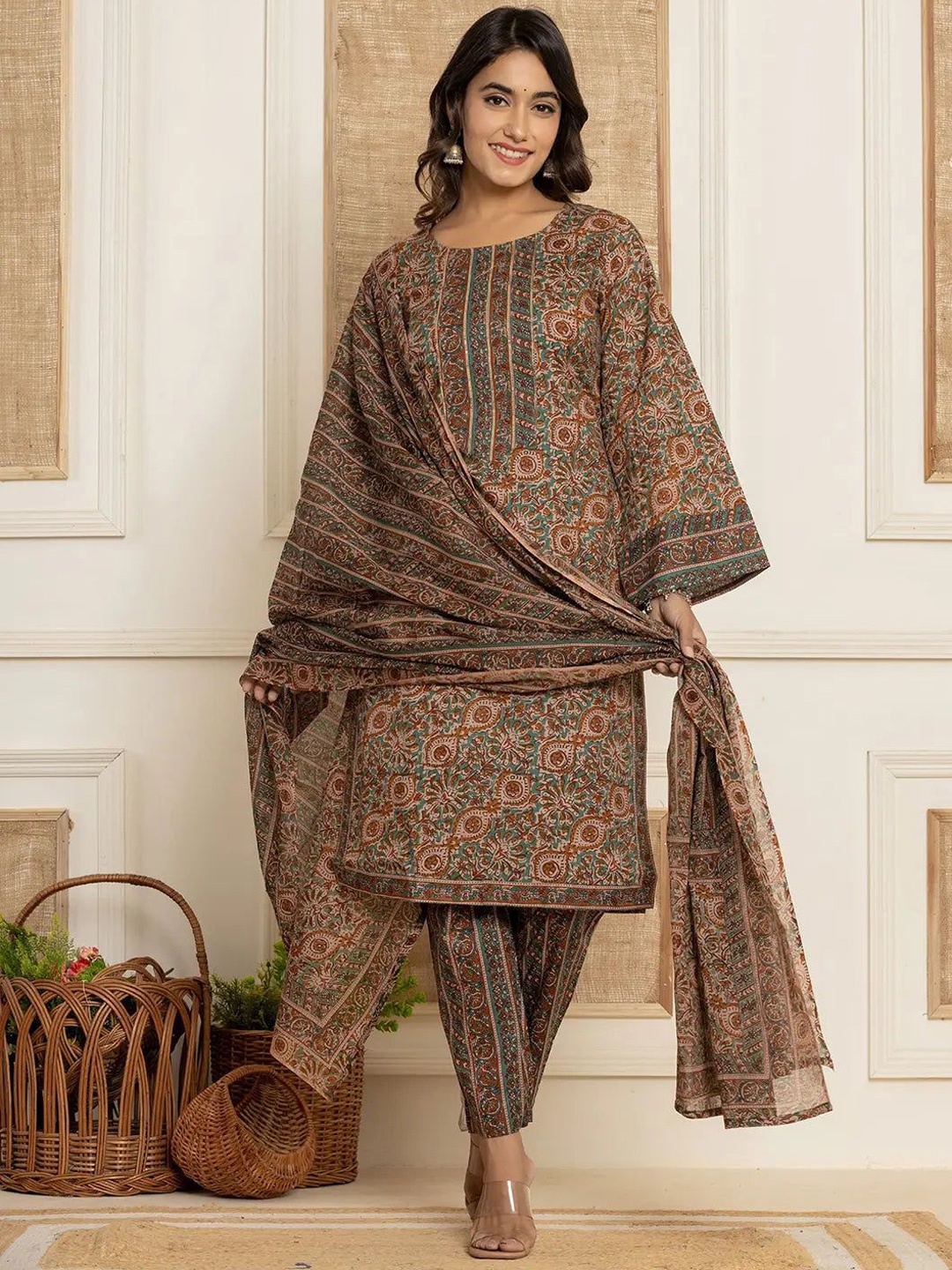 

all about you Brown Ethnic Motif Printed Round Neck Straight Kurta With Trousers & Dupatta