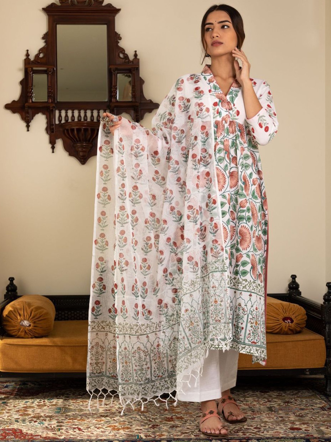 

all about you Floral Printed V-Neck Empire A-Line Kurta With Trousers & Dupatta, White