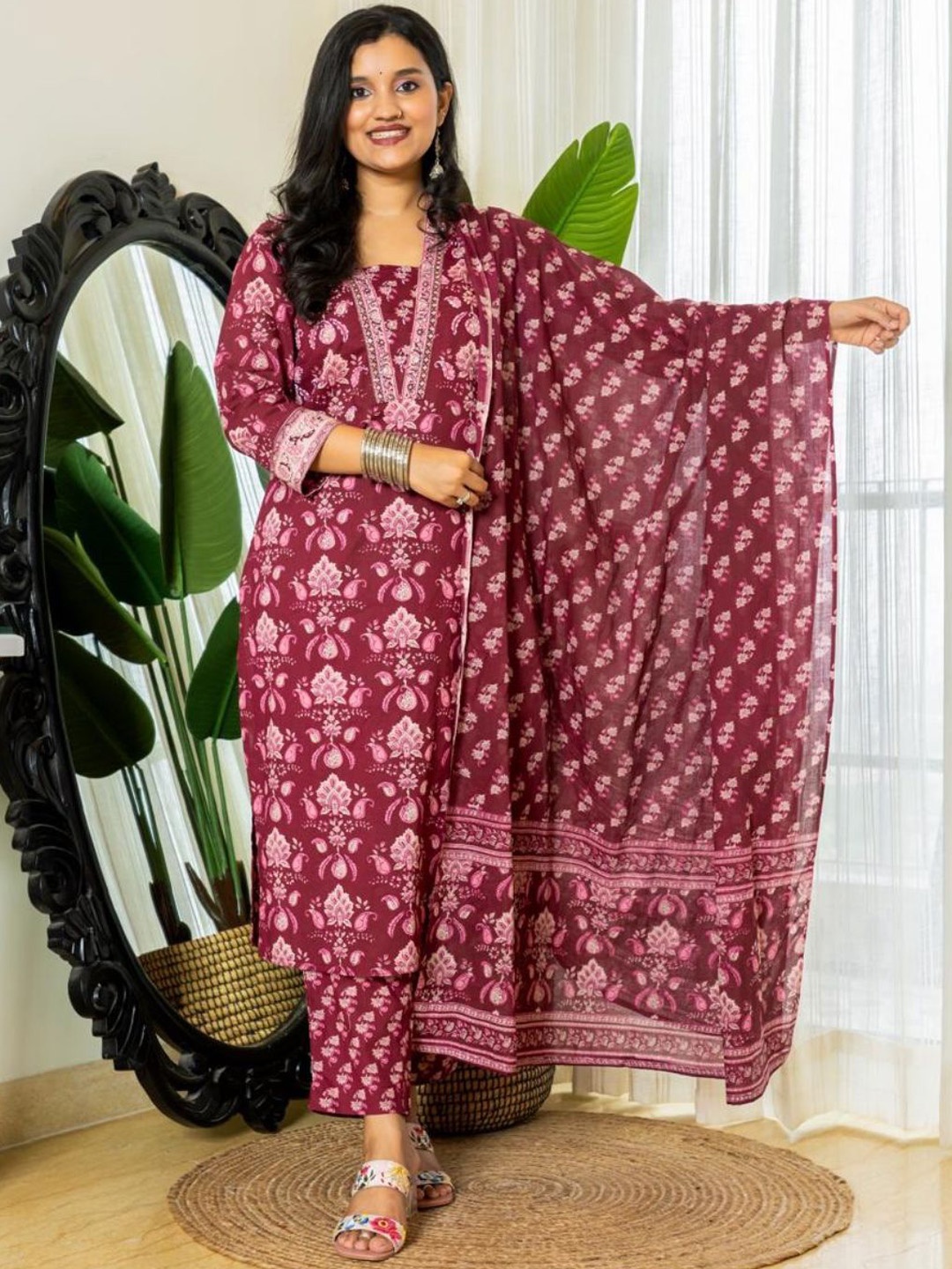 

all about you Maroon Ethnic Motifs Printed Straight Kurta With Trousers & Dupatta